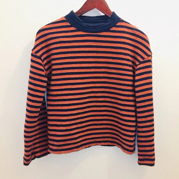 Madewell Striped Mockneck Boxy Top XXS navy blue orange shirt cotton - Picture 2 of 8